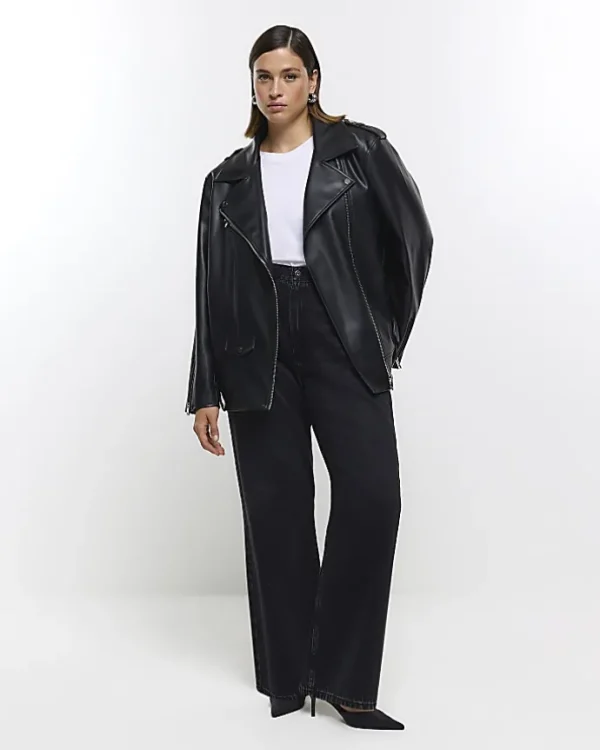 Plus black faux leather oversized jacket