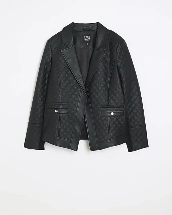 Plus black faux leather quilted blazer