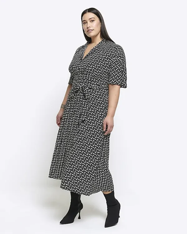 Plus black geometric belted midi shirt dress