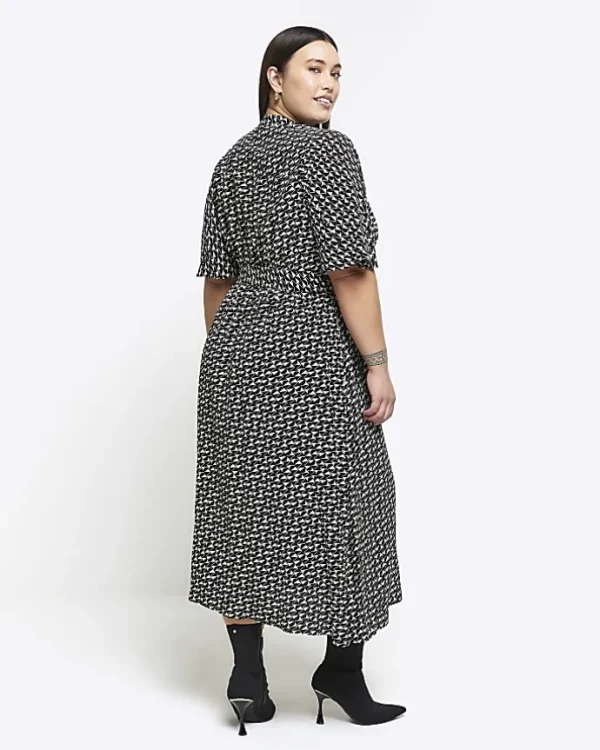 Plus black geometric belted midi shirt dress