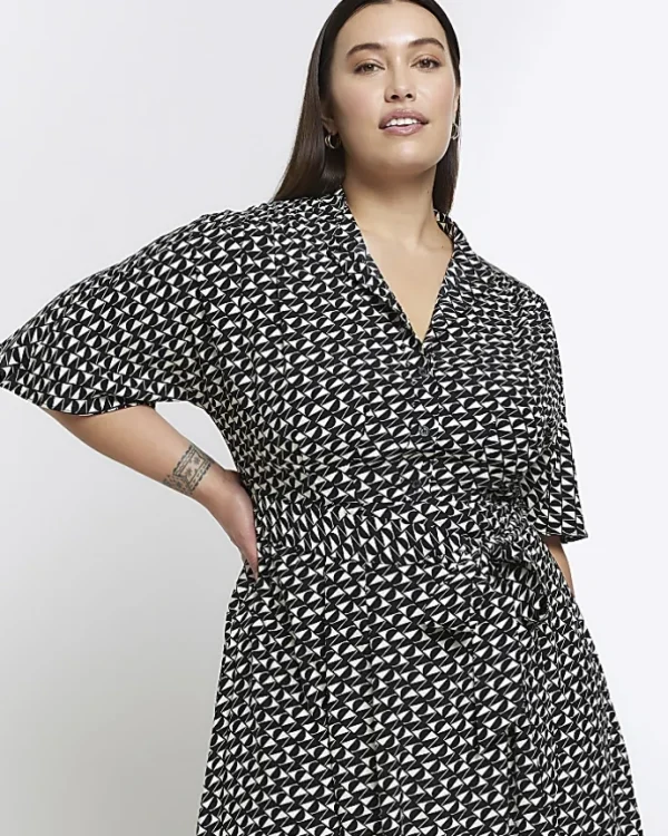 Plus black geometric belted midi shirt dress