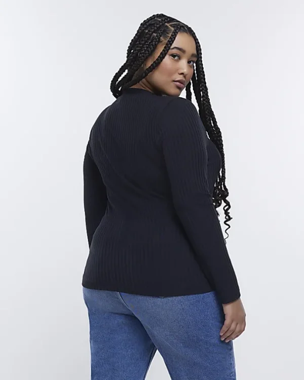 Plus black ribbed scoop neck long sleeve top