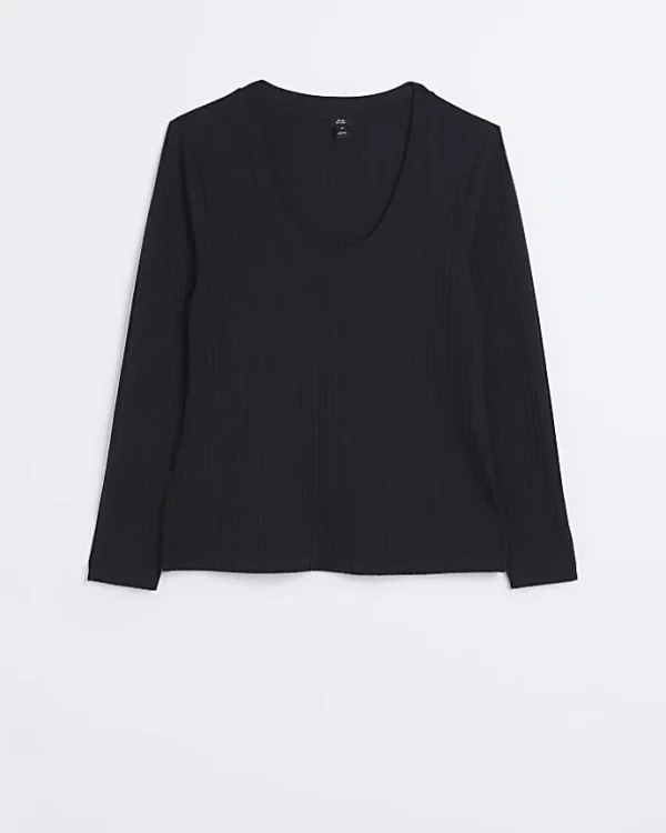 Plus black ribbed scoop neck long sleeve top