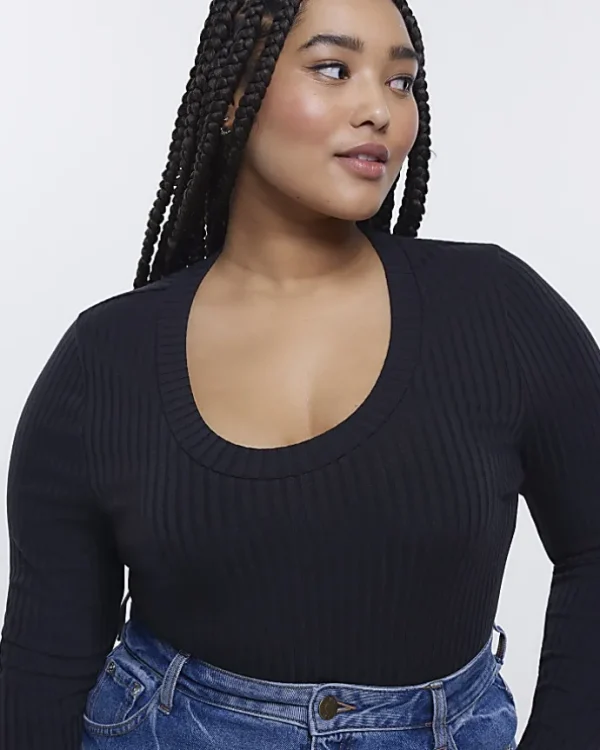 Plus black ribbed scoop neck long sleeve top