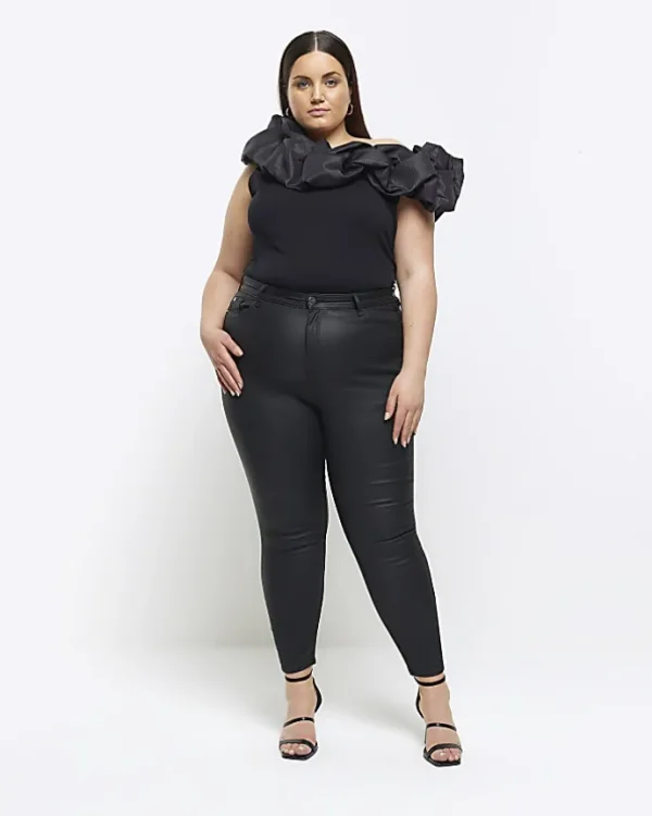 Plus black ruched asymmetric sleeveless top