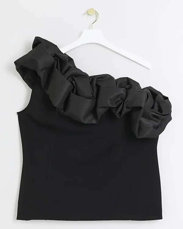 Plus black ruched asymmetric sleeveless top