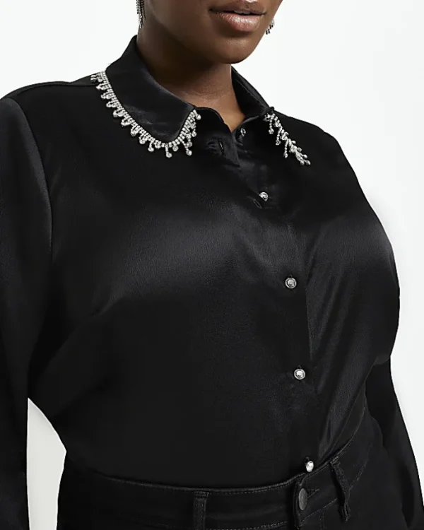 Plus black satin embellished shirt