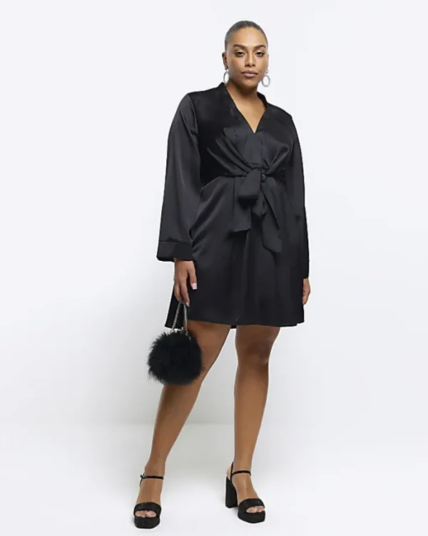 Plus black satin long sleeve mini dress