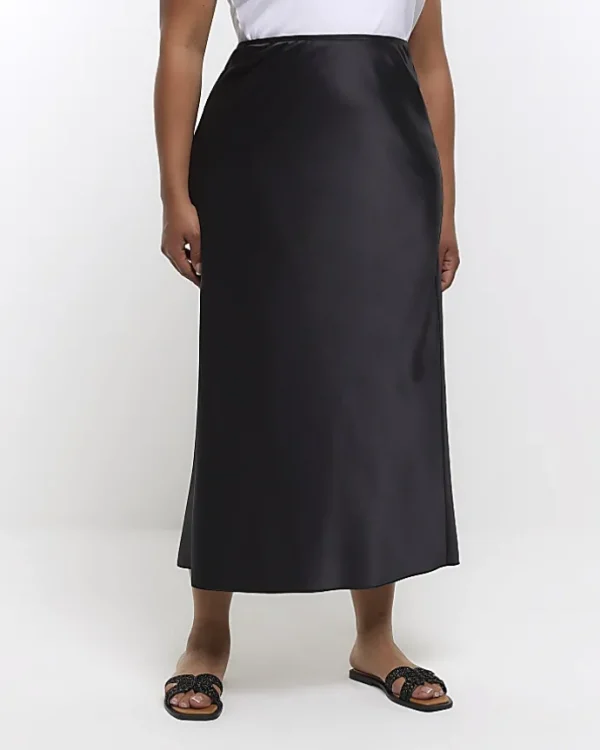 Plus black satin midi skirt