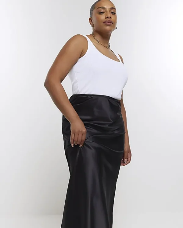 Plus black satin midi skirt