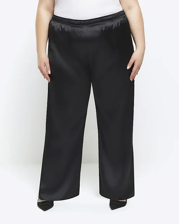 Plus black satin wide leg trousers