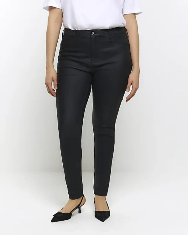 Plus black skinny fit coated jeans