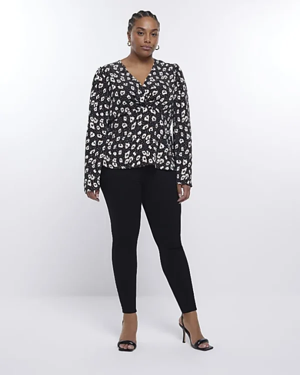 Plus black spot long sleeve blouse