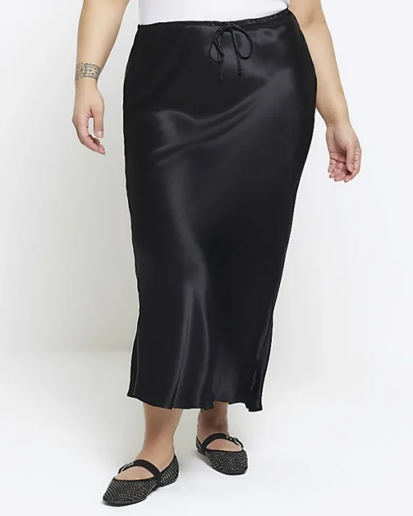 Plus black tie waist midi skirt