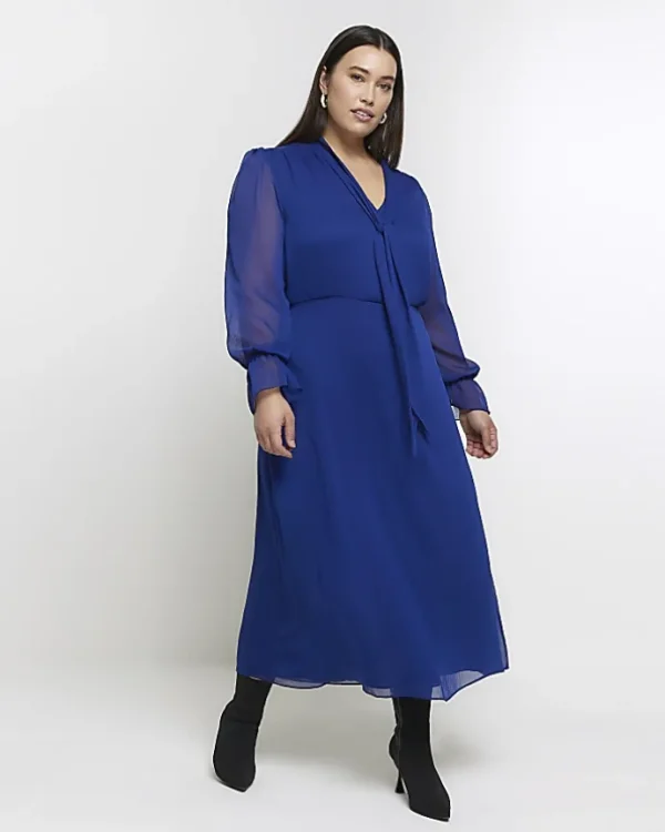 Plus blue chiffon tie neck swing maxi dress