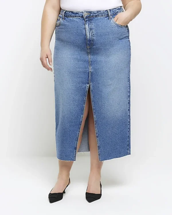 Plus blue split hem denim midi skirt