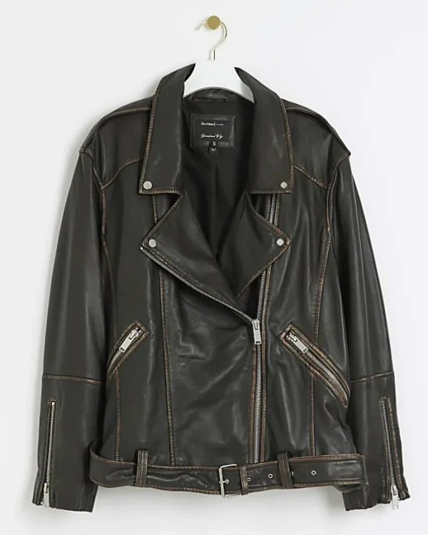 Plus brown leather oversized biker jacket