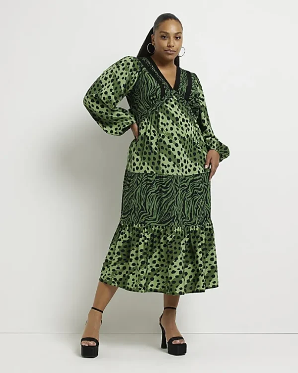 Plus green animal print midi dress