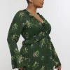 Plus green floral frill swing midi dress