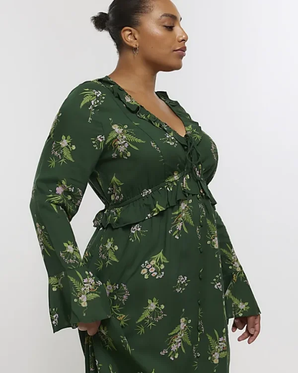 Plus green floral frill swing midi dress