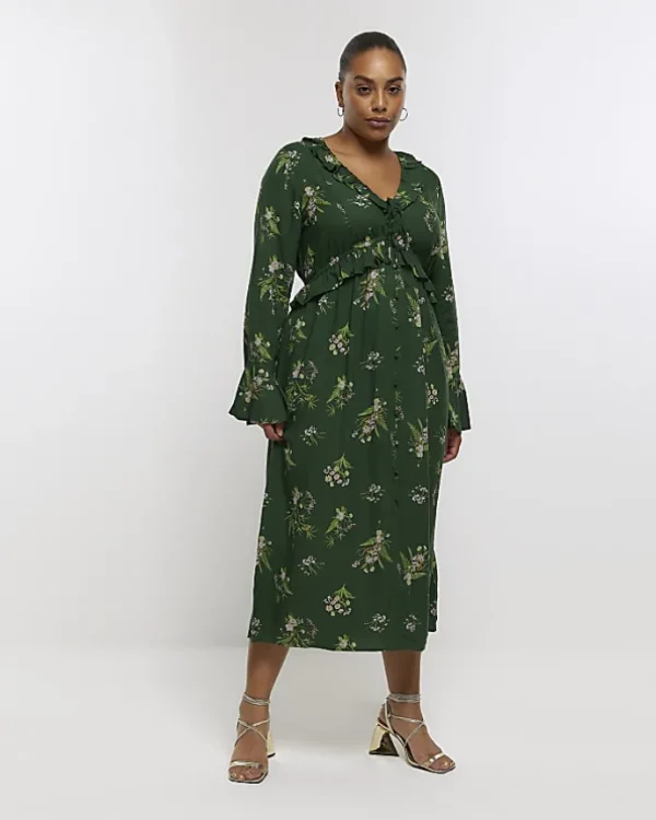 Plus green floral frill swing midi dress