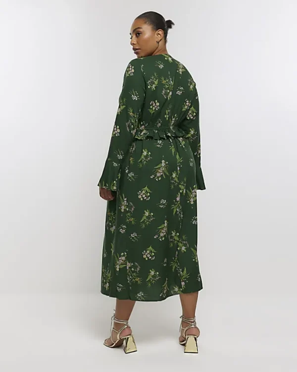 Plus green floral frill swing midi dress