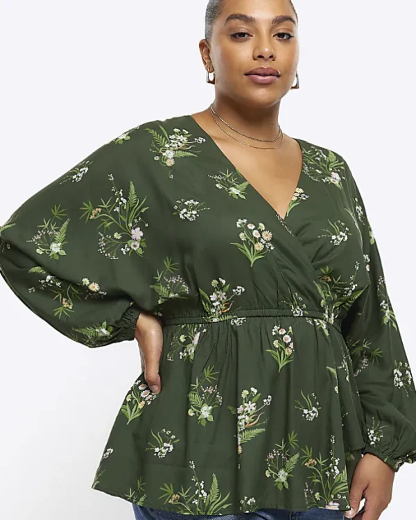 Plus green floral wrap blouse