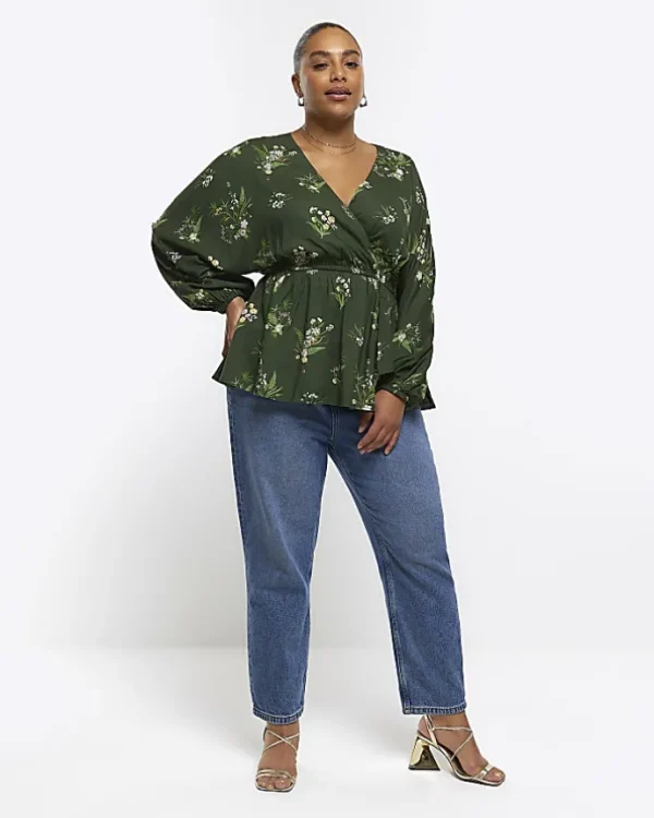 Plus green floral wrap blouse