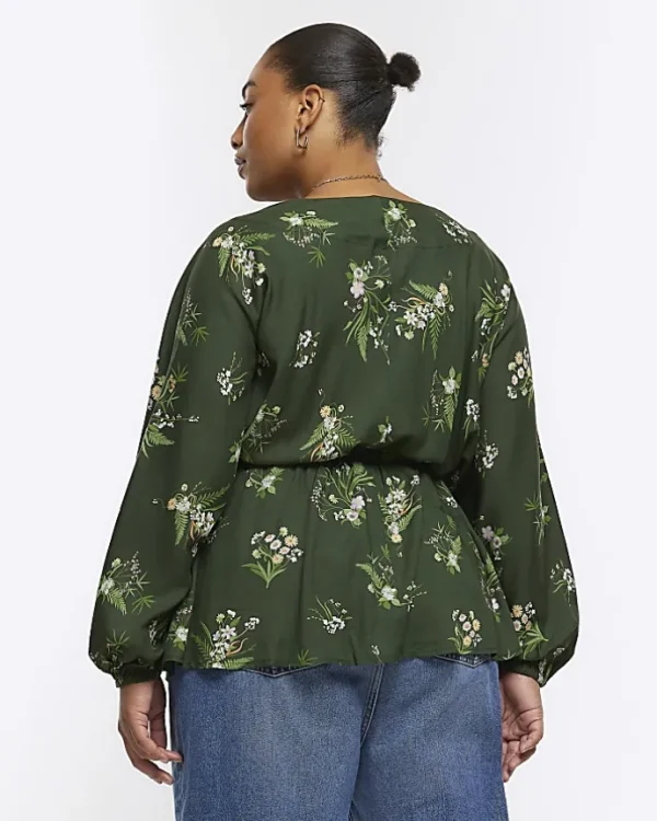 Plus green floral wrap blouse