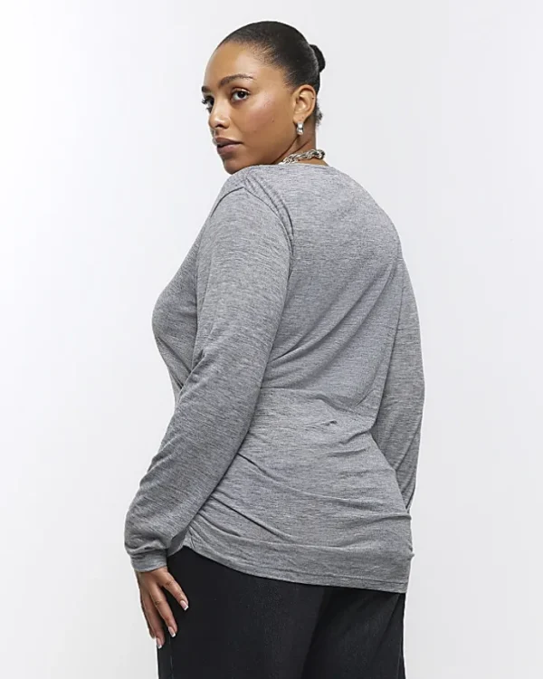 Plus grey ruched side long sleeve top