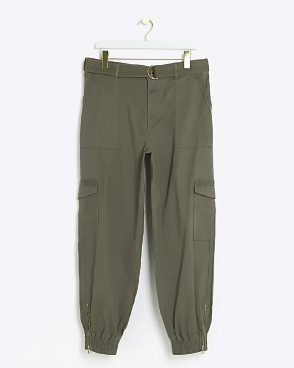 Plus khaki belted utility cargo trousers