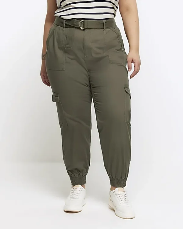 Plus khaki belted utility cargo trousers