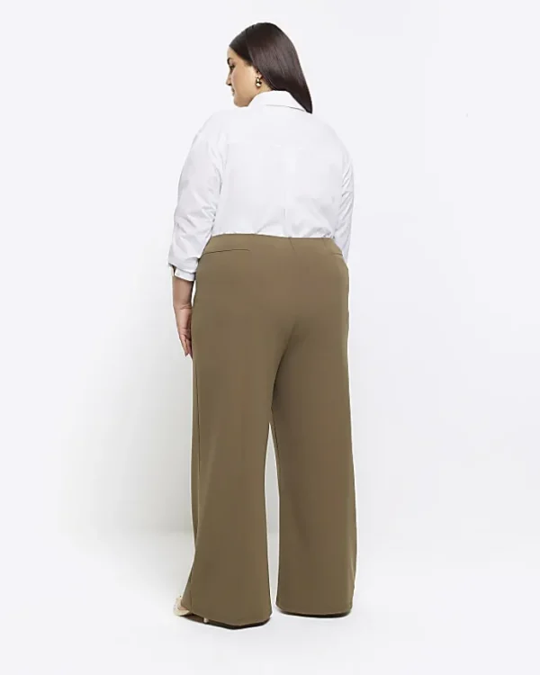 Plus khaki stitched wide leg trousers