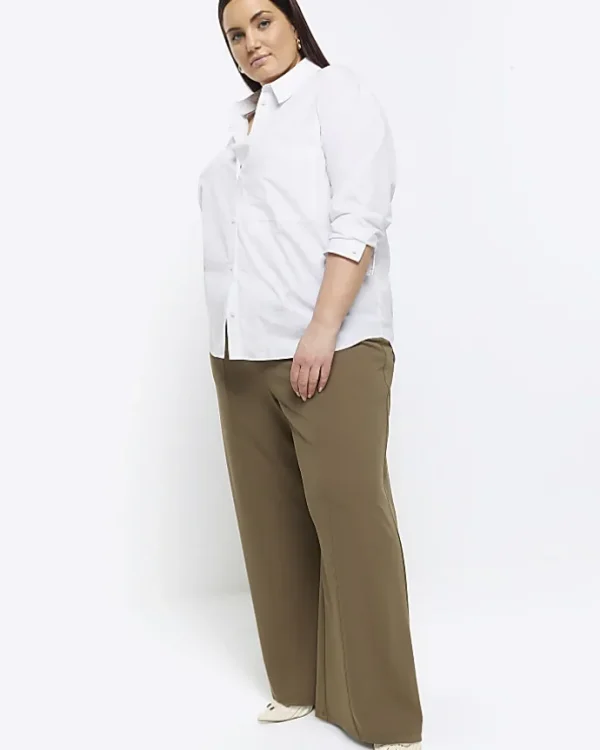 Plus khaki stitched wide leg trousers