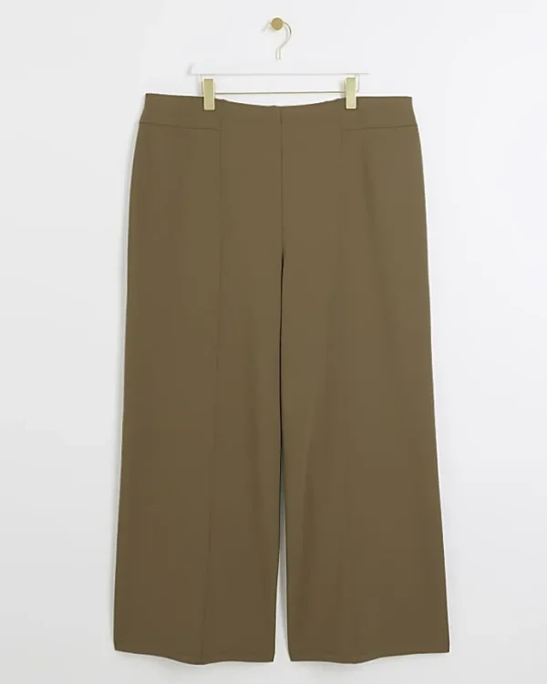 Plus khaki stitched wide leg trousers