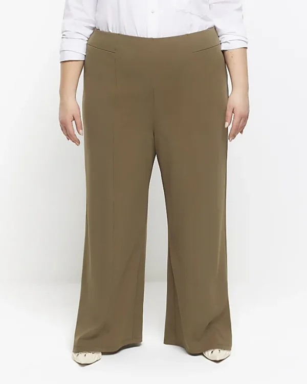 Plus khaki stitched wide leg trousers