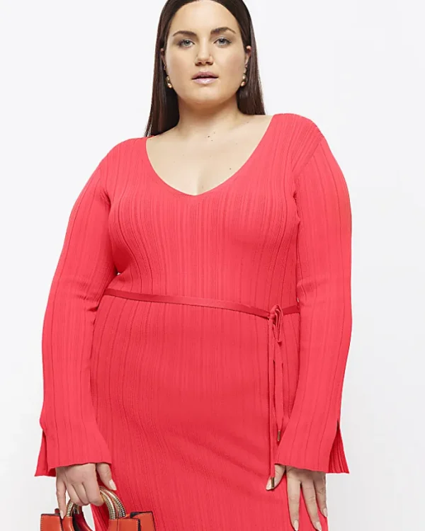 Plus red knit rib jumper maxi dress