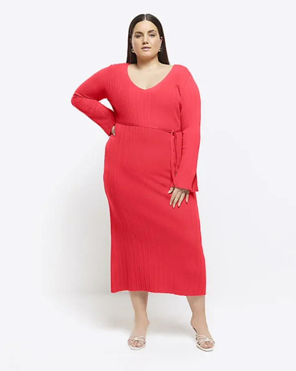 Plus red knit rib jumper maxi dress