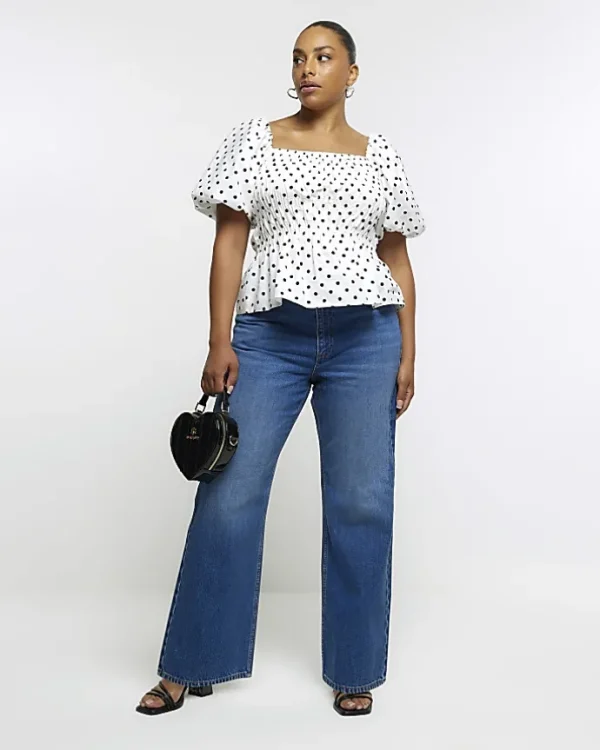 Plus White Polka Dot Shirred Bardot Top