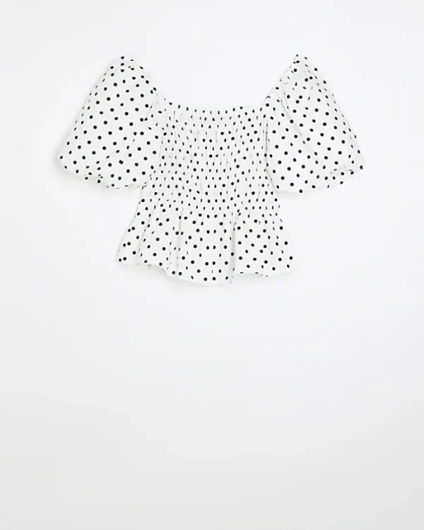 Plus White Polka Dot Shirred Bardot Top