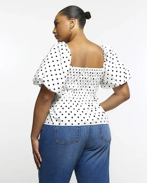 Plus White Polka Dot Shirred Bardot Top