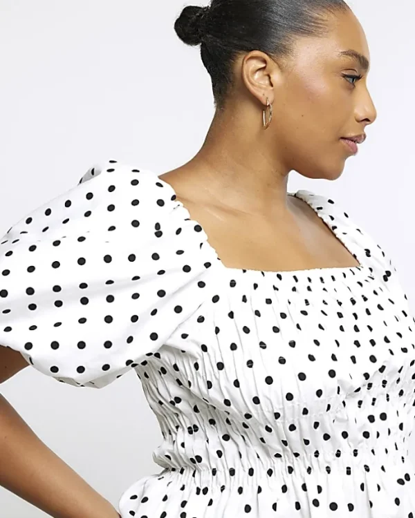 Plus White Polka Dot Shirred Bardot Top