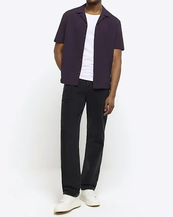 Purple regular fit seersucker revere shirt