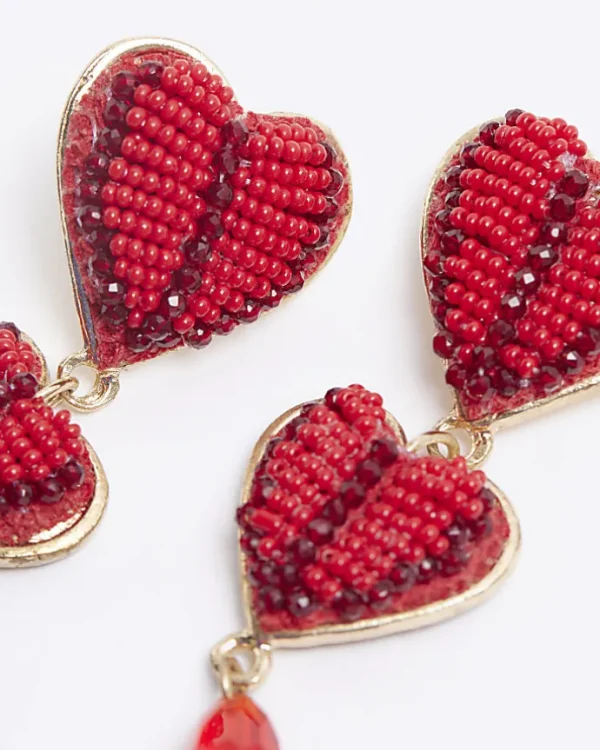 Red beaded heart drop earrings