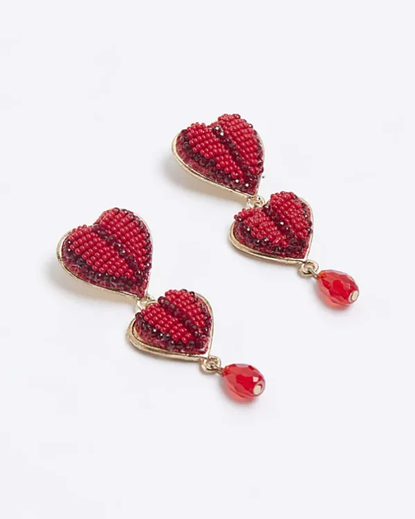 Red beaded heart drop earrings