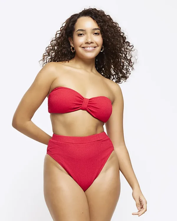 Red high waisted crinkle bikini bottoms