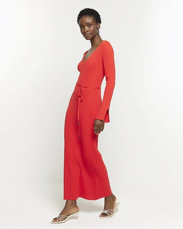 Red knit rib jumper maxi dress