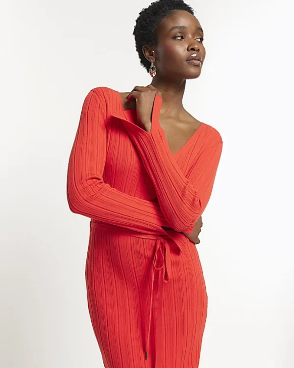 Red knit rib jumper maxi dress