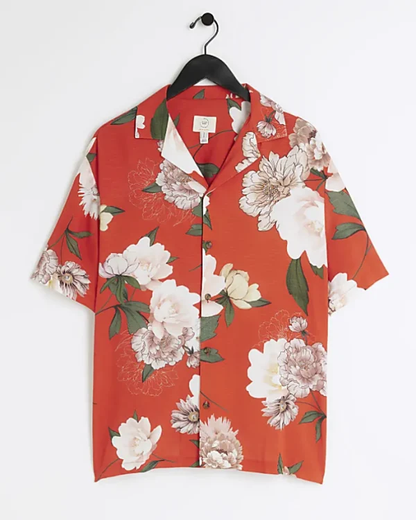 Red regular fit floral revere shirt