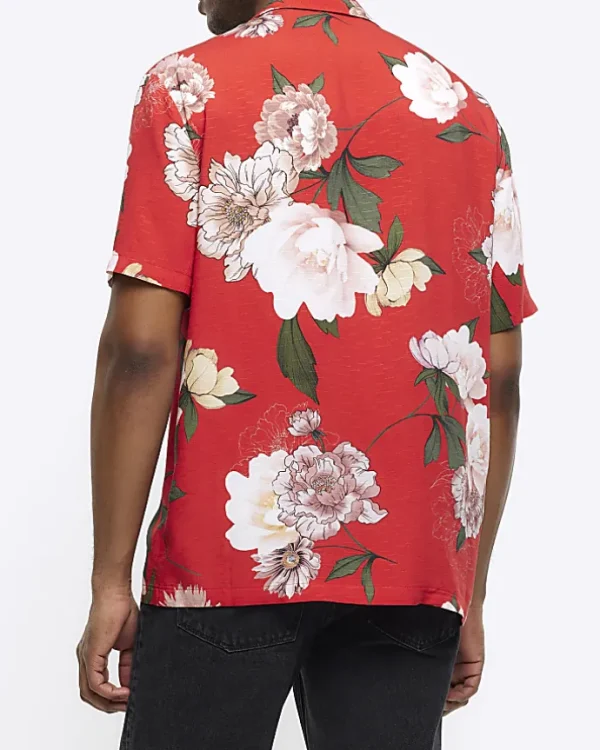 Red regular fit floral revere shirt